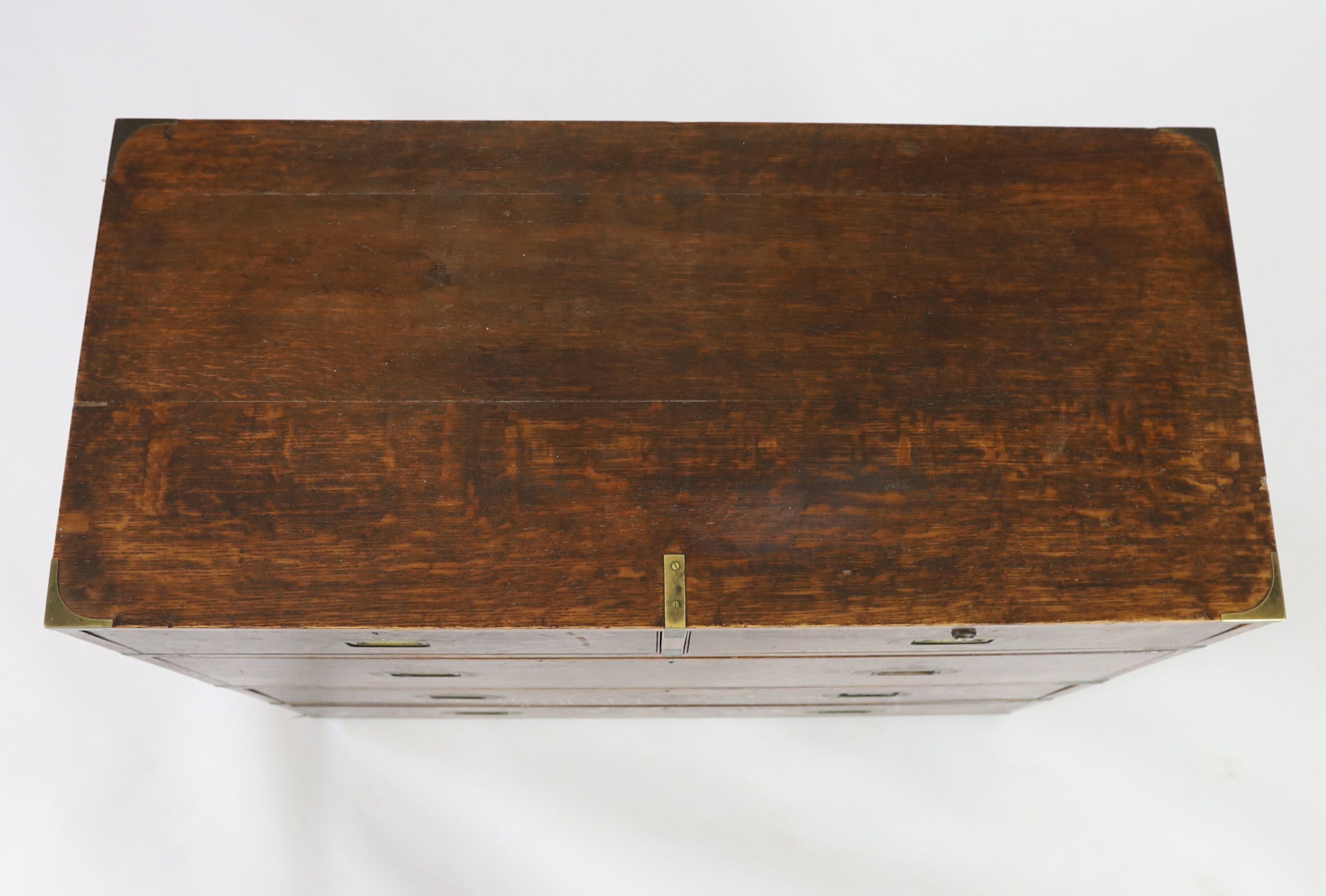 A late Victorian brass bound oak campaign chest, W.99cm D.45cm H.91cm